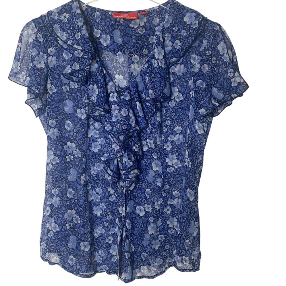 Y2K Oscar De La Renta Sheer Blue Floral Ruffle Flutter Sleeve Blouse Size 4